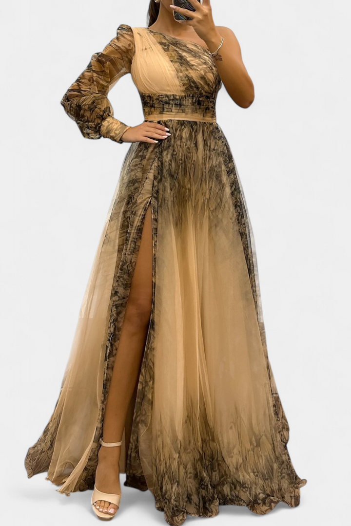 Vestido Becca Maxi em Chiffon com Ombro Descoberto e Flor Volumosa