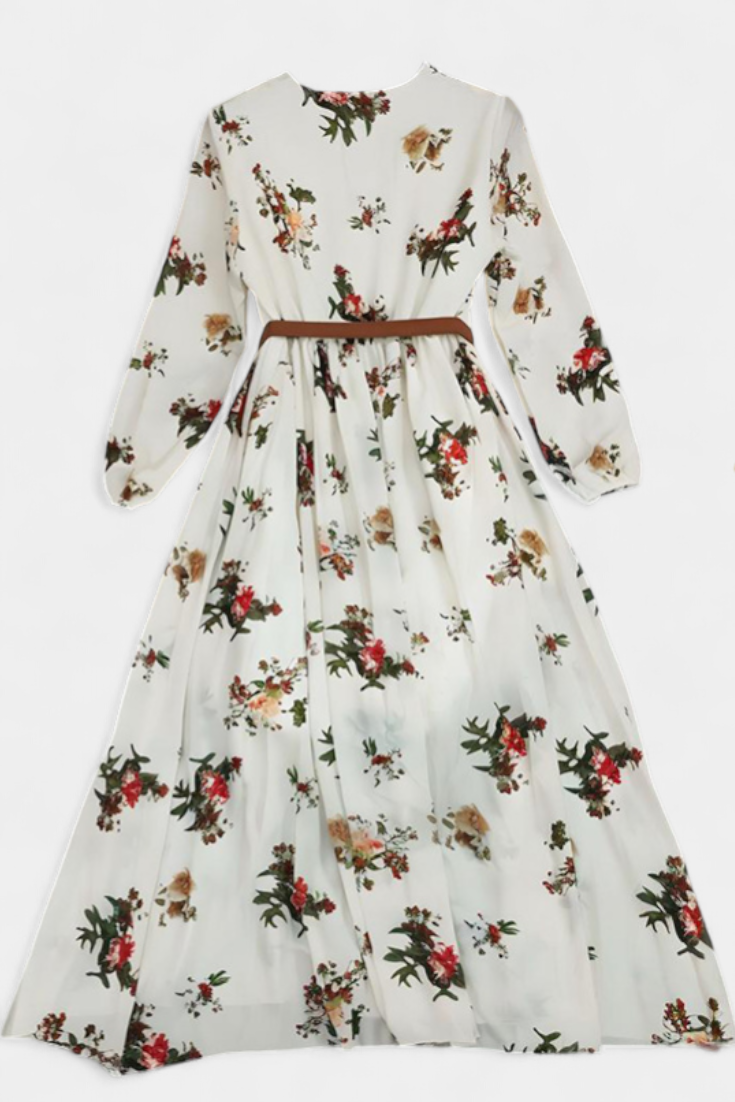 Vestido Maxi Amanda com Decote em V e Mangas Longas