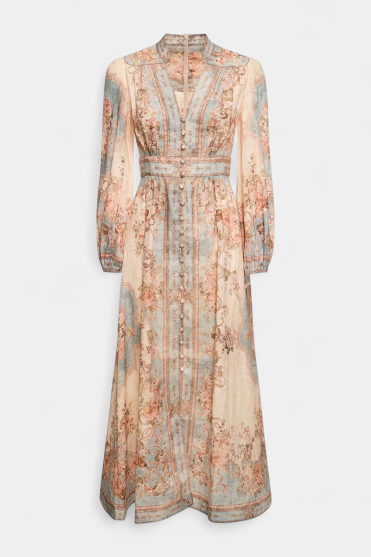 Dorotila Maxi Suknelė su Gėlių Raštu, Mygtukais ir Pūkuotomis Rankovėmis