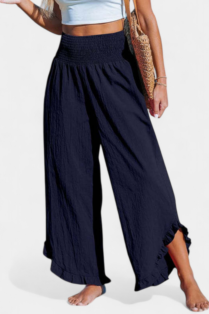 Calças Palazzo Justina com folhos e cintura alta