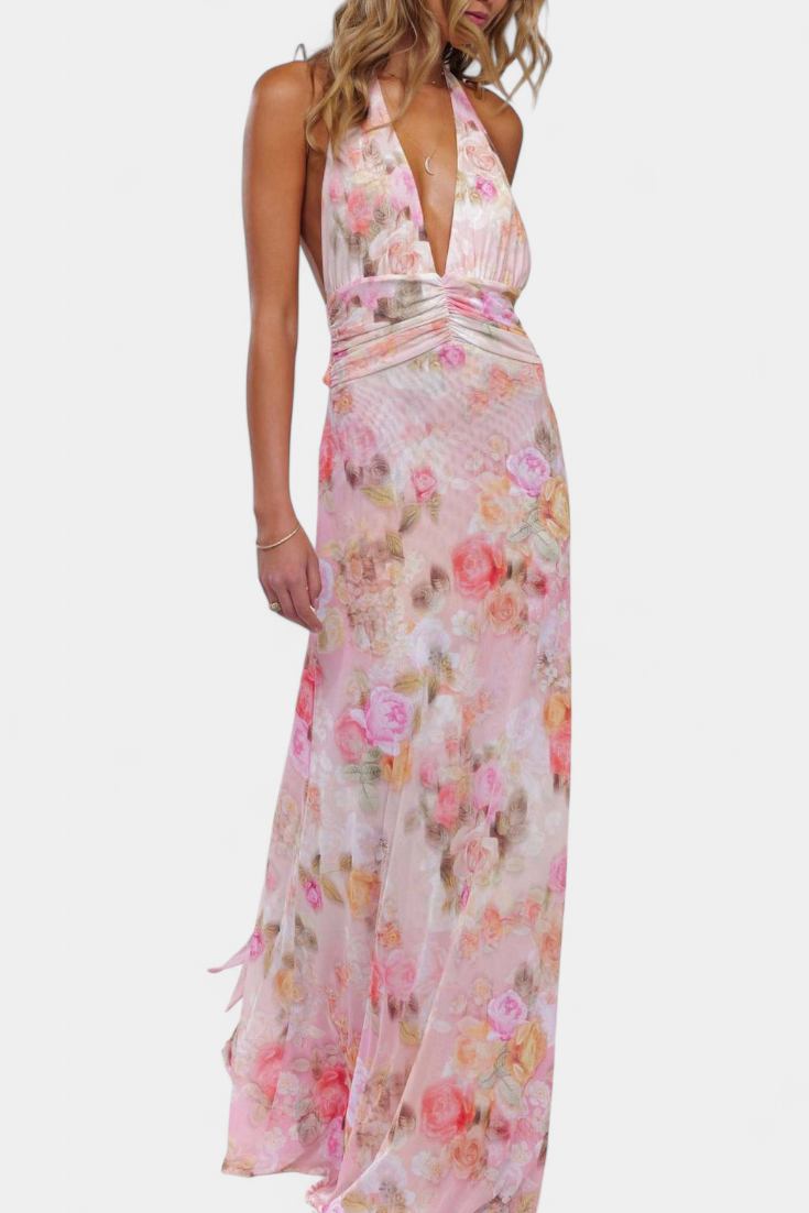 Vestido Maxi Melodija com Poás e Decote Halter