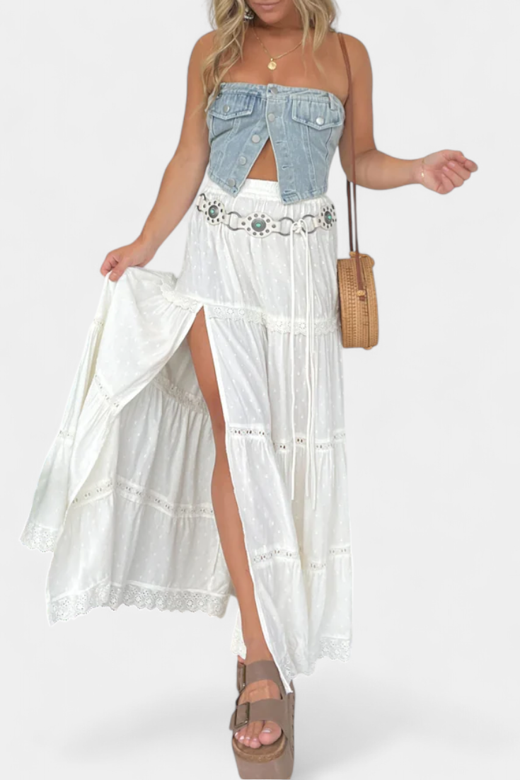 Dola Falda Maxi Boho su Nėriniais ir Priekiniais Išpjovomis