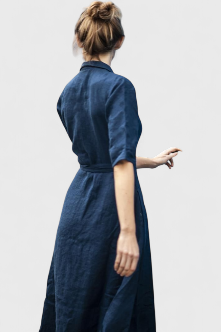 Sharon Midi Suknelė Vintage iš Medvilnės ir Lino su Atlenkiamu Apykakle