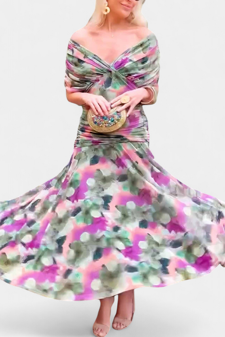 Vestido Alondra Garā com Padrão de Fantasia Floral e Decote em V