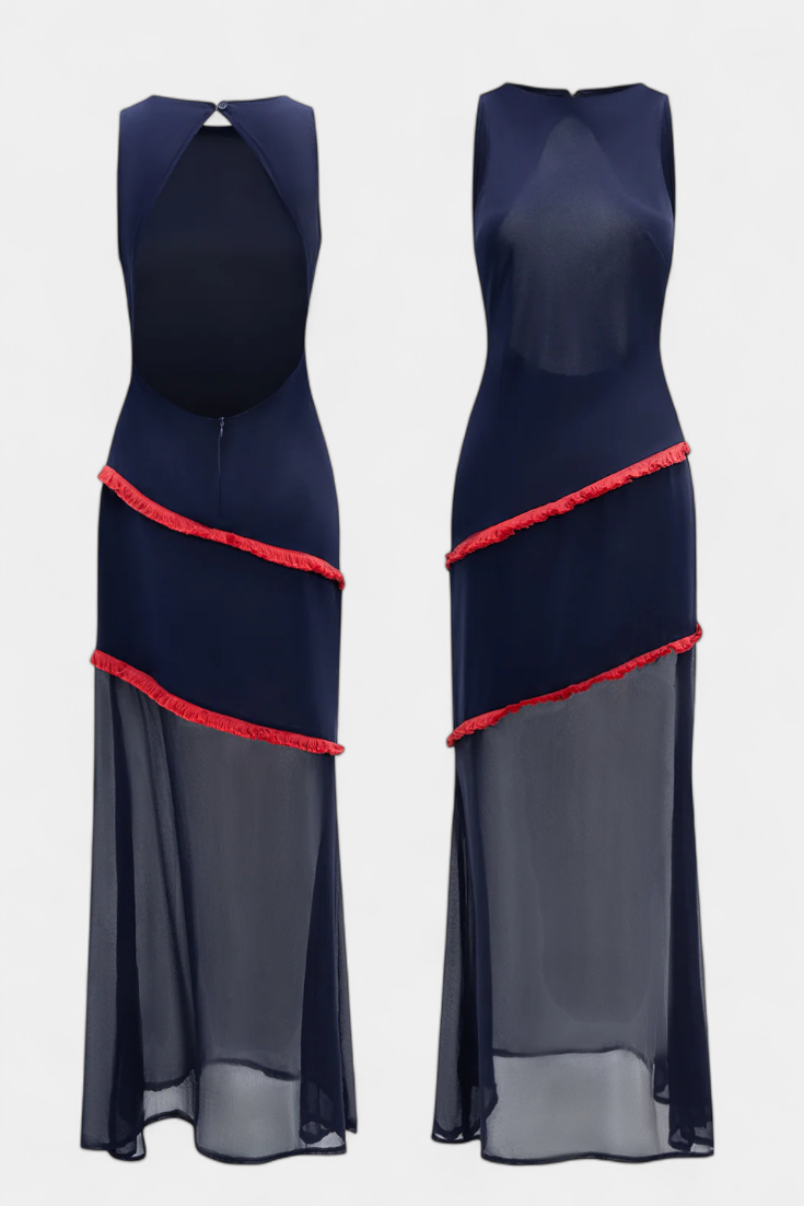 Vestido Midi Bodycon Orfila com Chiffon e Detalhes Contrastantes