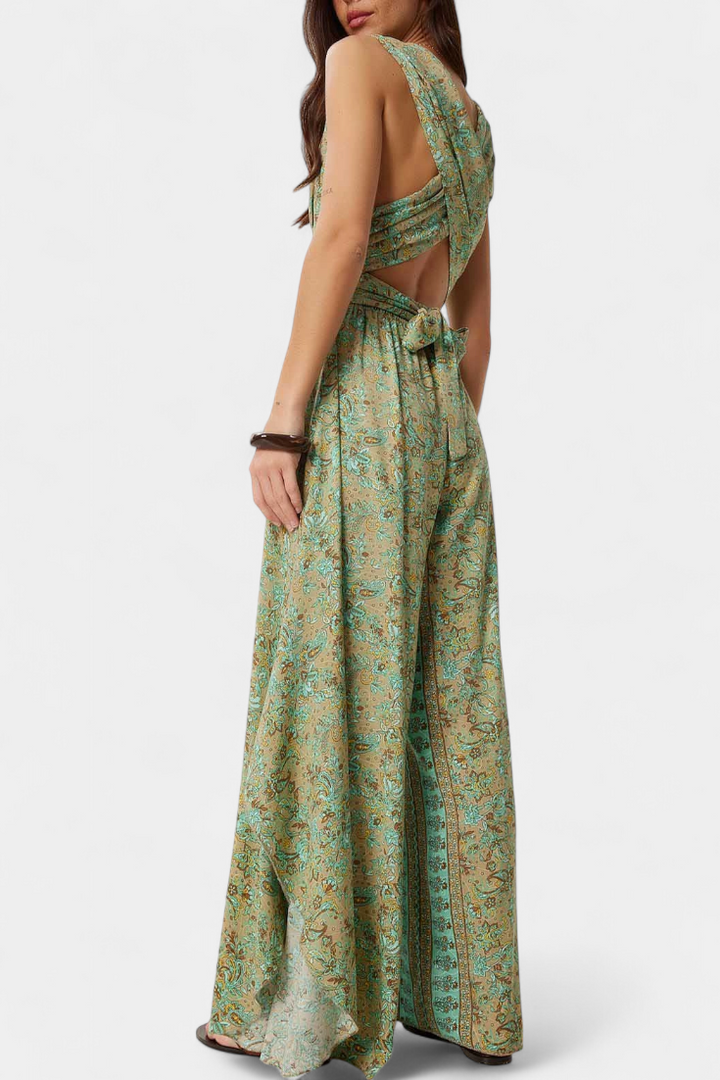 Leandra Mono Fluido com Padrão de Flores Verdes