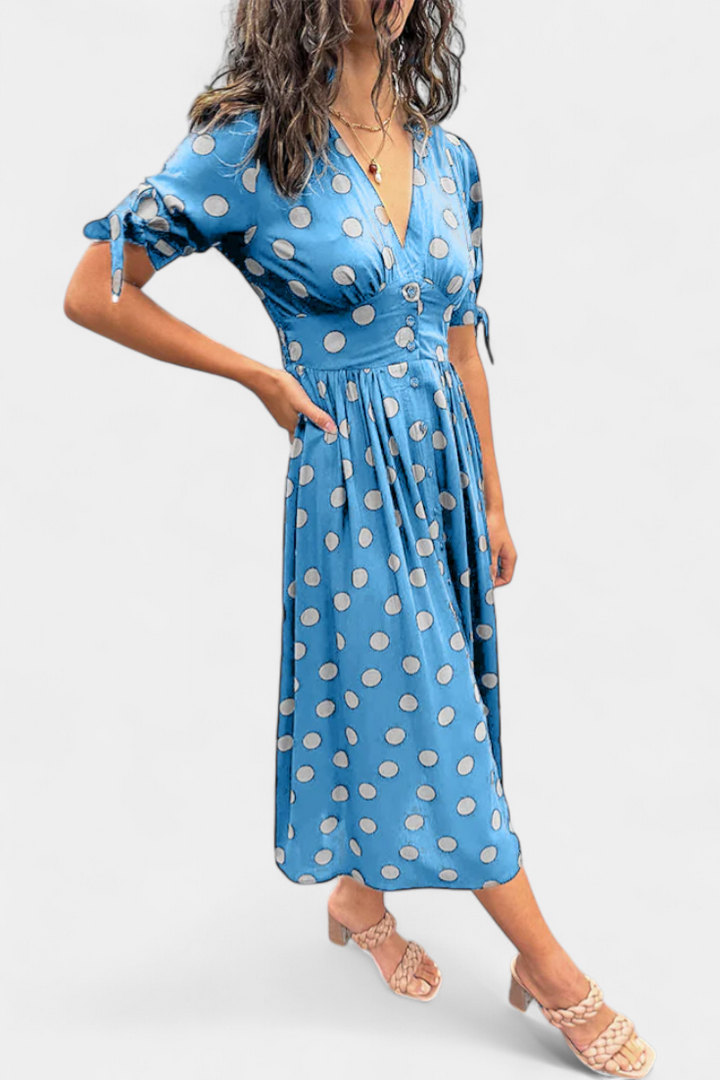 Vestido Midi Lizzie com Pois e Decote em V Profundo