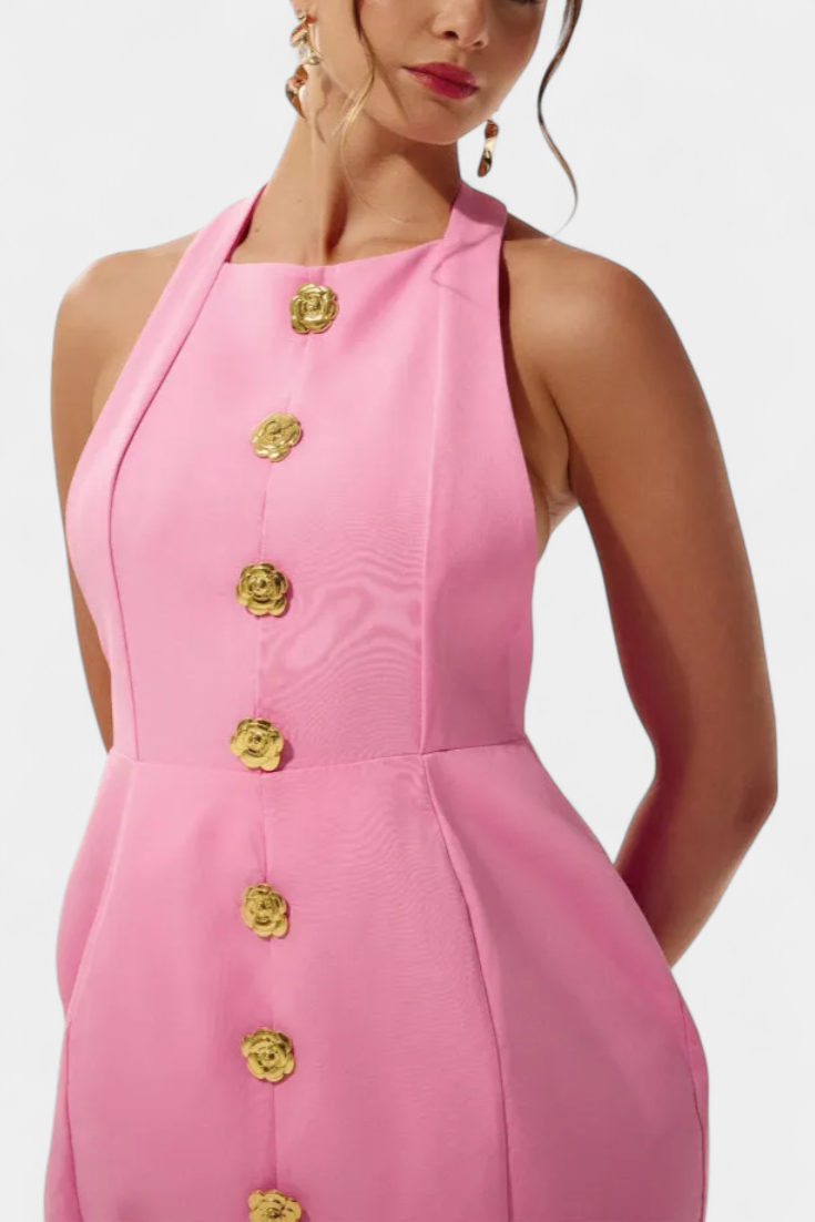 Vestido Mini Yvonne com Decote Halter e Costas Abertas com Detalhes Florais