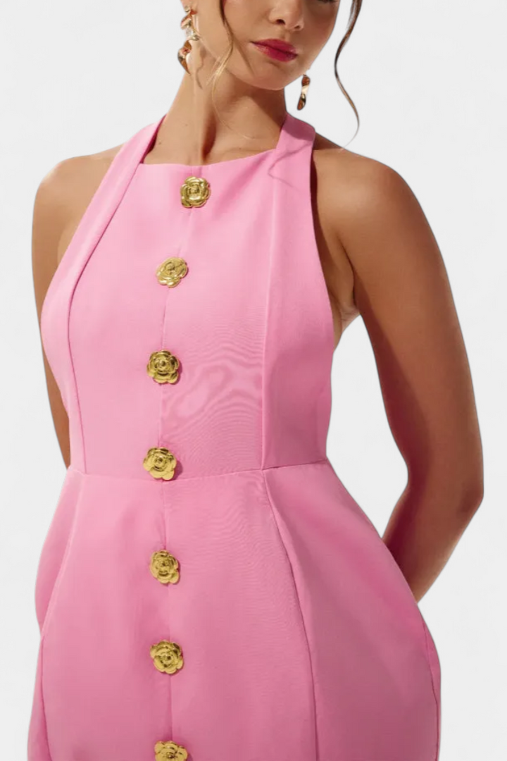 Vestido Mini Yvonne com Decote Halter e Costas Abertas com Detalhes Florais