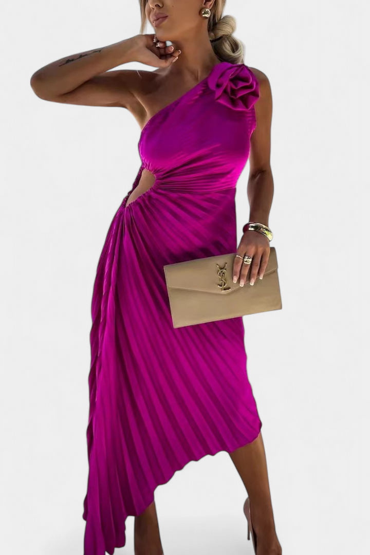 Vestido de cocktail assimétrico Leire com aplicação de flores e saia plissada