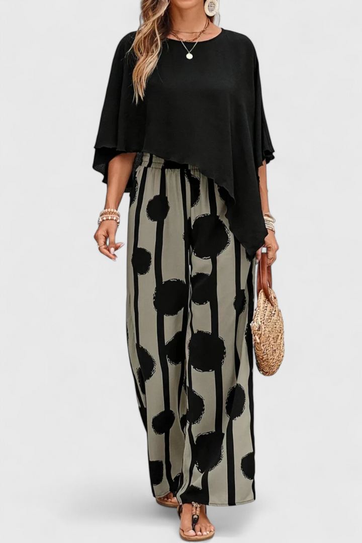 Aleida Asimetrinis Komplektas arba Topas su Raštuotomis Kelnėmis