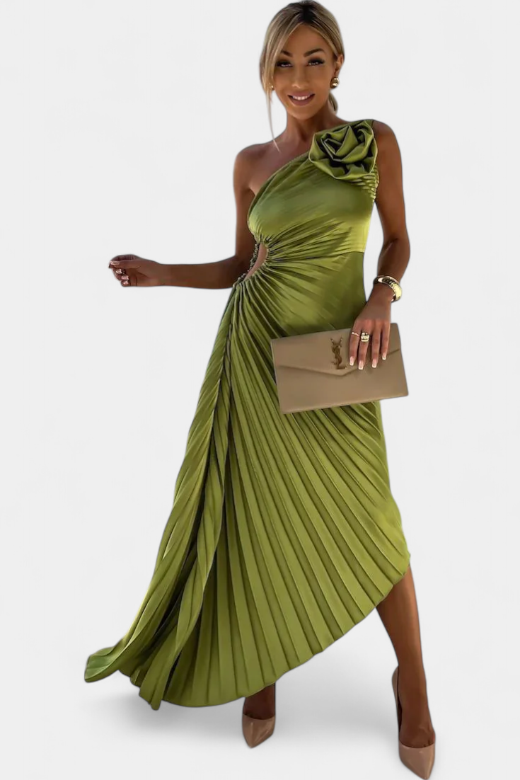 Vestido de cocktail assimétrico Leire com aplicação de flores e saia plissada