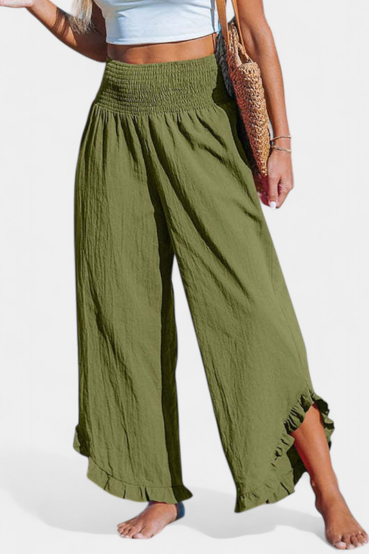 Calças Palazzo Justina com folhos e cintura alta