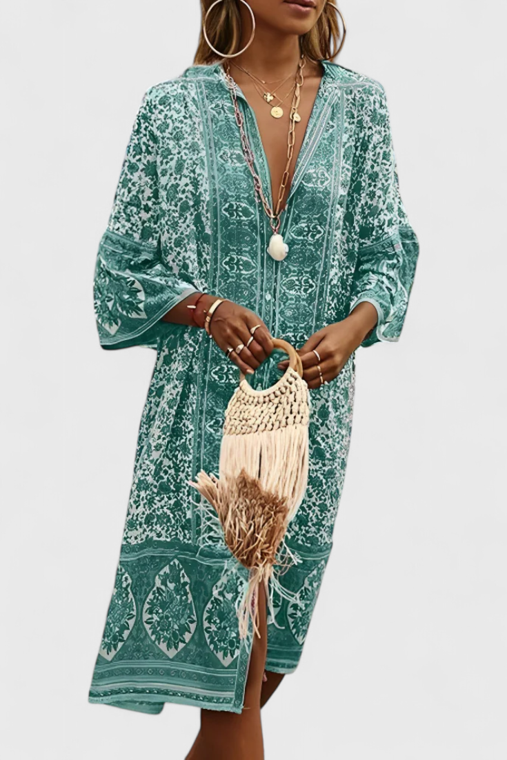 Chinara Garais Boho Suknelė su Etniniu Siuvinėjimu ir Laisvu Siluetu