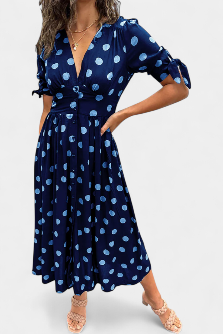 Vestido Midi Lizzie com Pois e Decote em V Profundo