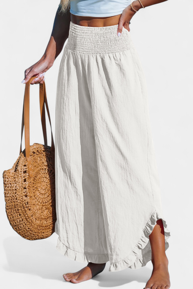 Calças Palazzo Justina com folhos e cintura alta