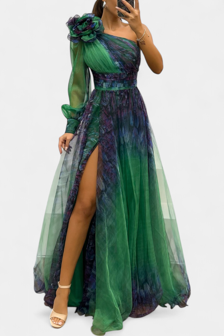 Vestido Becca Maxi em Chiffon com Ombro Descoberto e Flor Volumosa