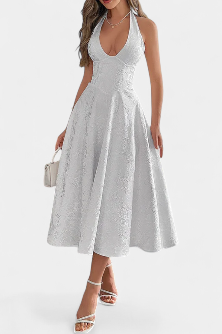 Vestido Midi Jacquard Gilda com Costas Abertas e Cintura Alta