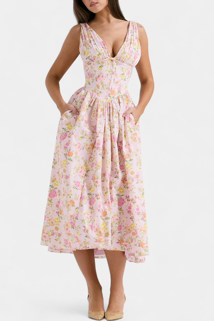 Vestido Margie Midi com Decote em V e Padrão de Flores Romântico