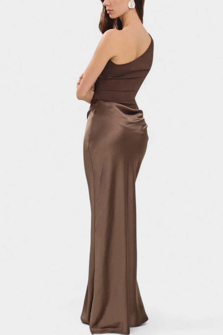 Vestido de Veludo Longo com Decote de Um Ombro