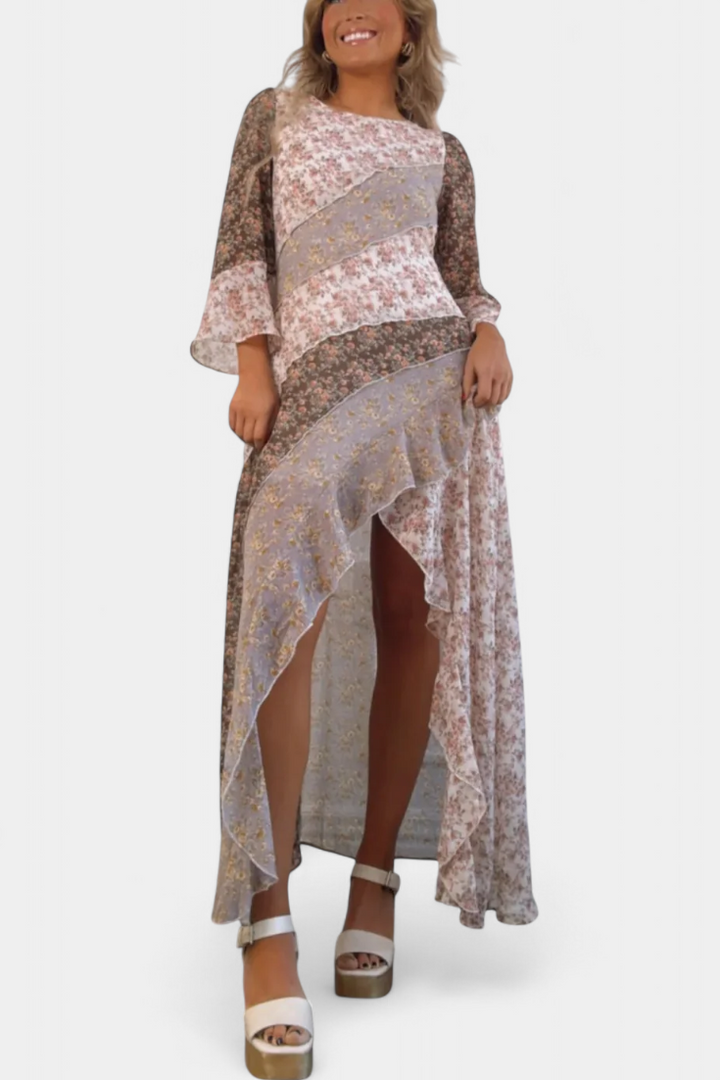 Ruth Gėlių Suknelė su 3/4 Rankovėmis ir Asimetriškomis Kraštinėmis