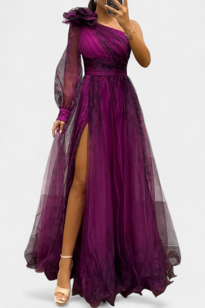 Vestido Becca Maxi em Chiffon com Ombro Descoberto e Flor Volumosa