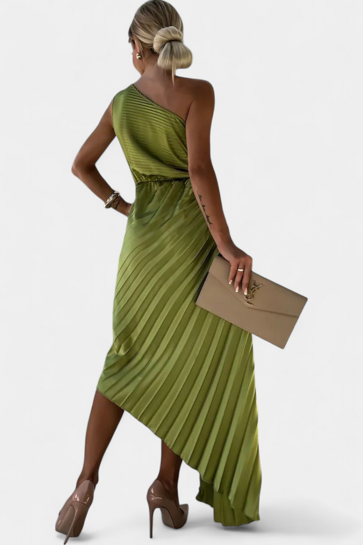 Vestido de cocktail assimétrico Leire com aplicação de flores e saia plissada