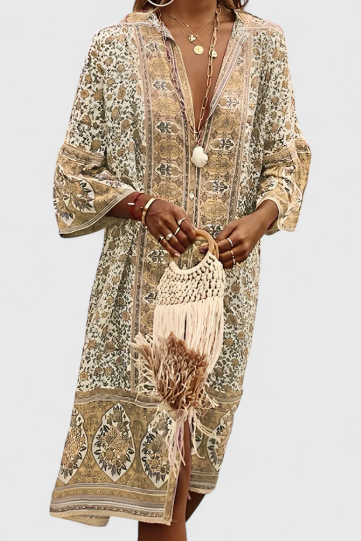 Chinara Garais Boho Suknelė su Etniniu Siuvinėjimu ir Laisvu Siluetu
