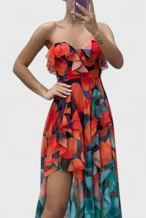 Vestido Maxi Andy Sem Mangas com Camadas de Renda e Abertura Gradual