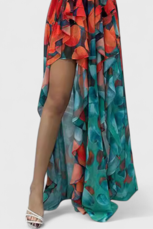 Vestido Maxi Andy Sem Mangas com Camadas de Renda e Abertura Gradual