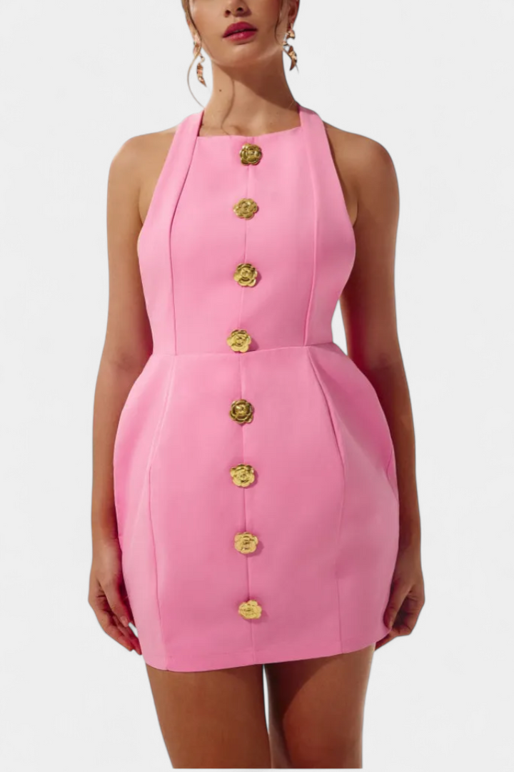 Vestido Mini Yvonne com Decote Halter e Costas Abertas com Detalhes Florais