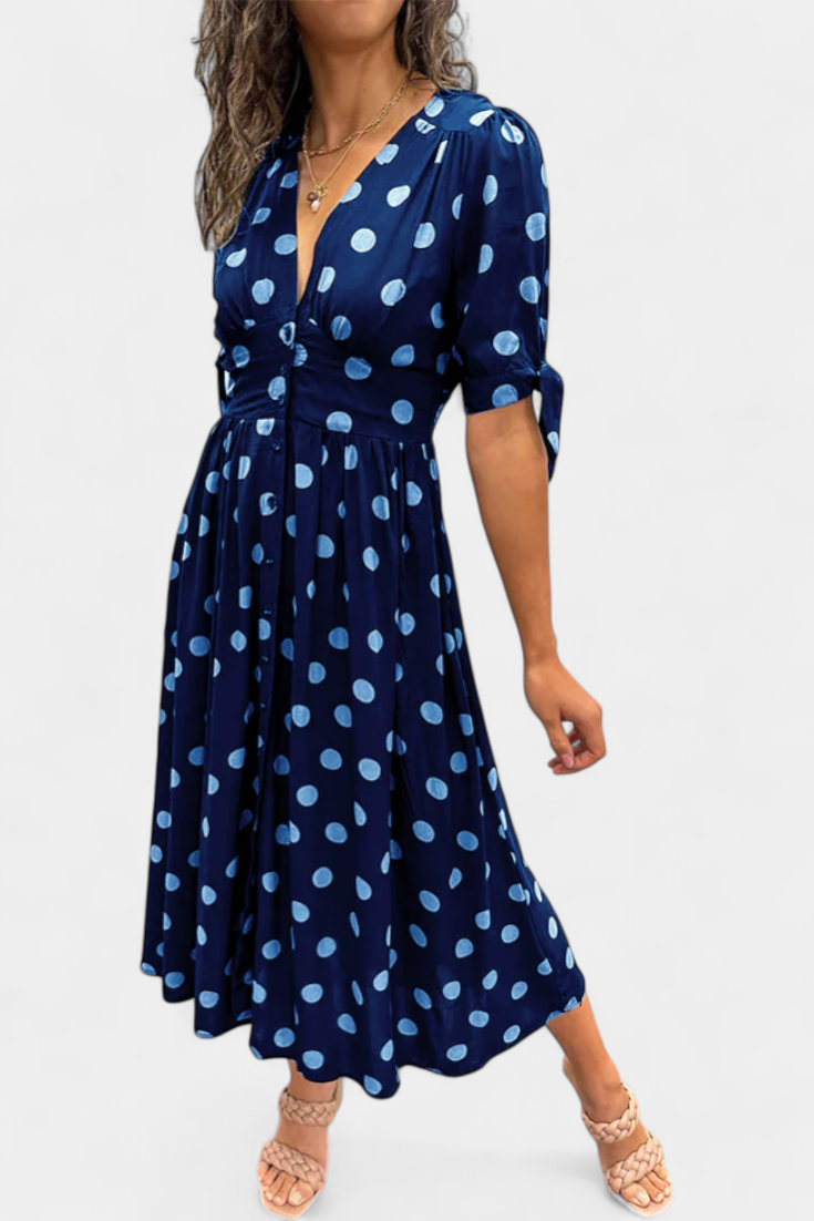 Vestido Midi Lizzie com Pois e Decote em V Profundo