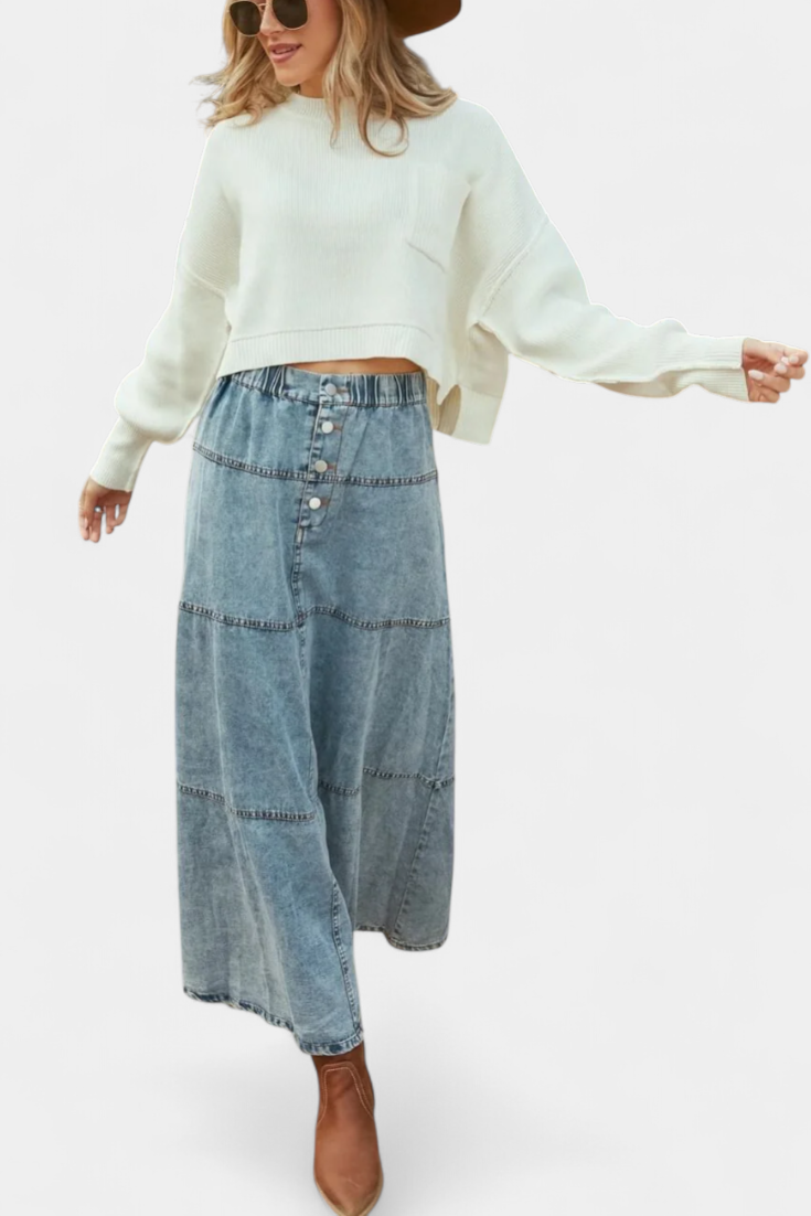 Falda Maxi em Denim com Detalhe de Pāva