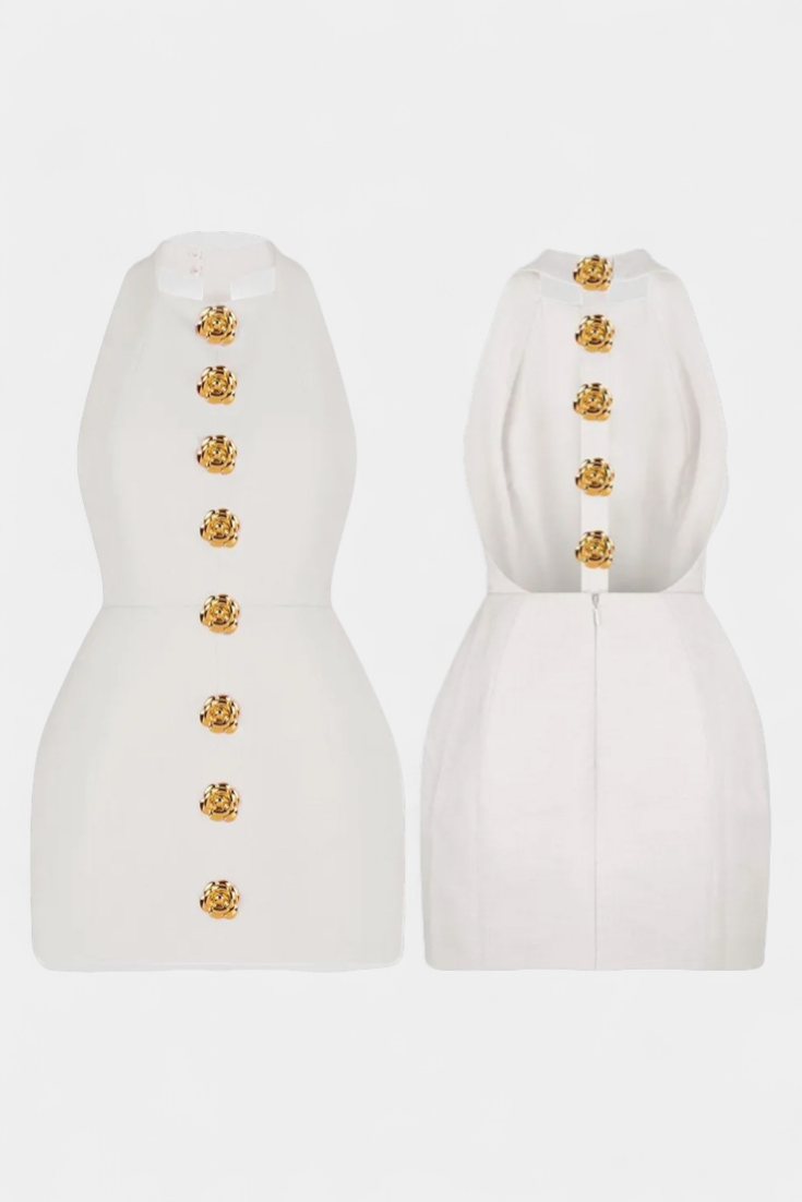 Vestido Mini Yvonne com Decote Halter e Costas Abertas com Detalhes Florais