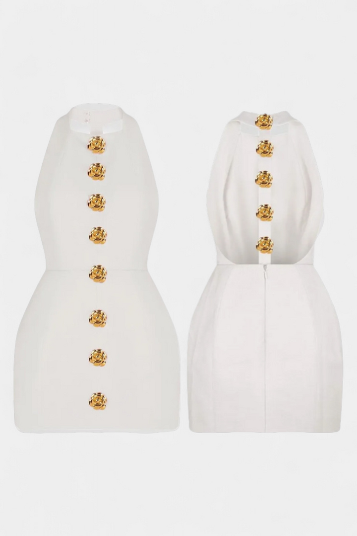 Vestido Mini Yvonne com Decote Halter e Costas Abertas com Detalhes Florais