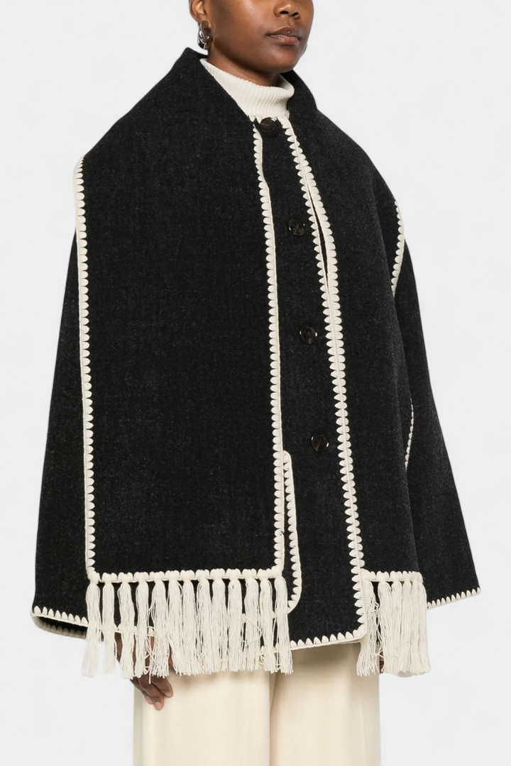 Pauline | Casaco de Lã com Xale Franjado Embutido