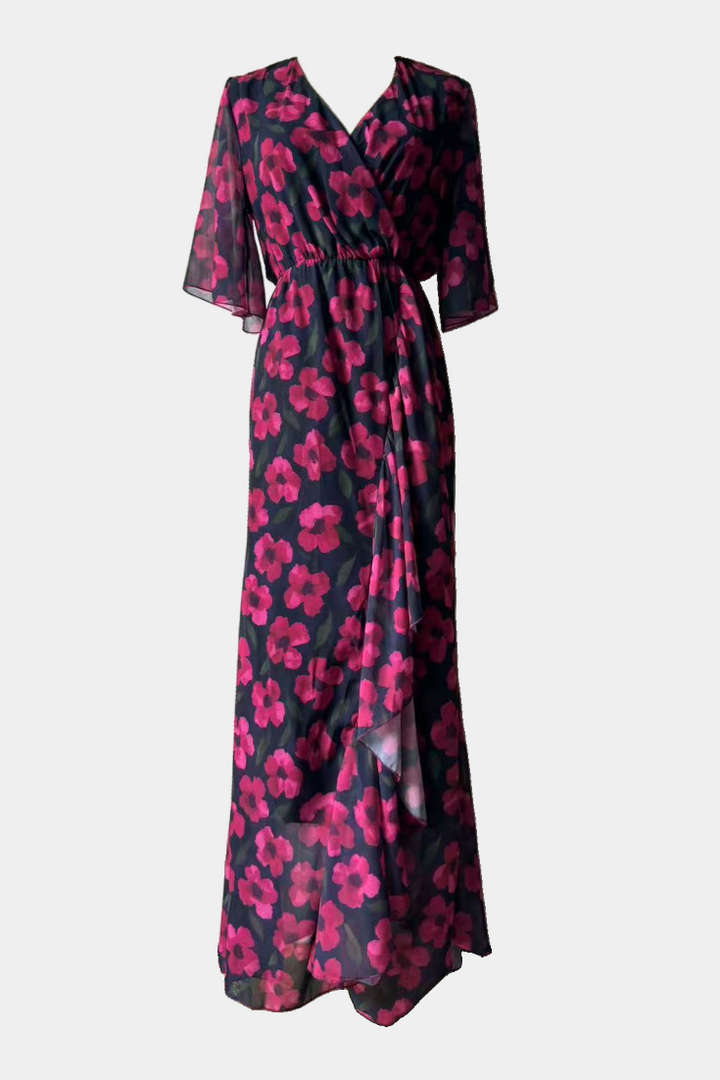 Sima Kryžminė Suknelė su V Formos Dekolte ir Išplečiamomis Rankovėmis