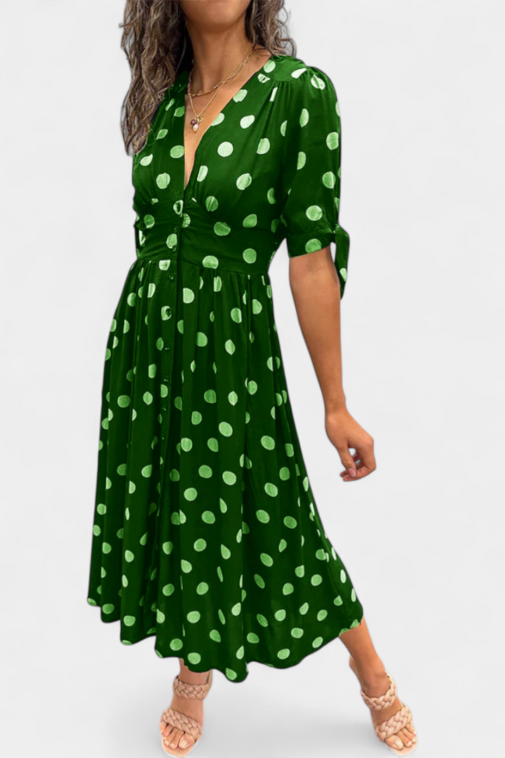 Vestido Midi Lizzie com Pois e Decote em V Profundo