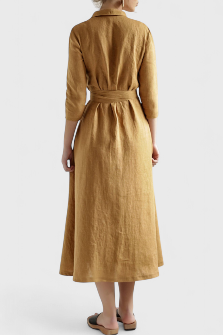 Sharon Midi Suknelė Vintage iš Medvilnės ir Lino su Atlenkiamu Apykakle