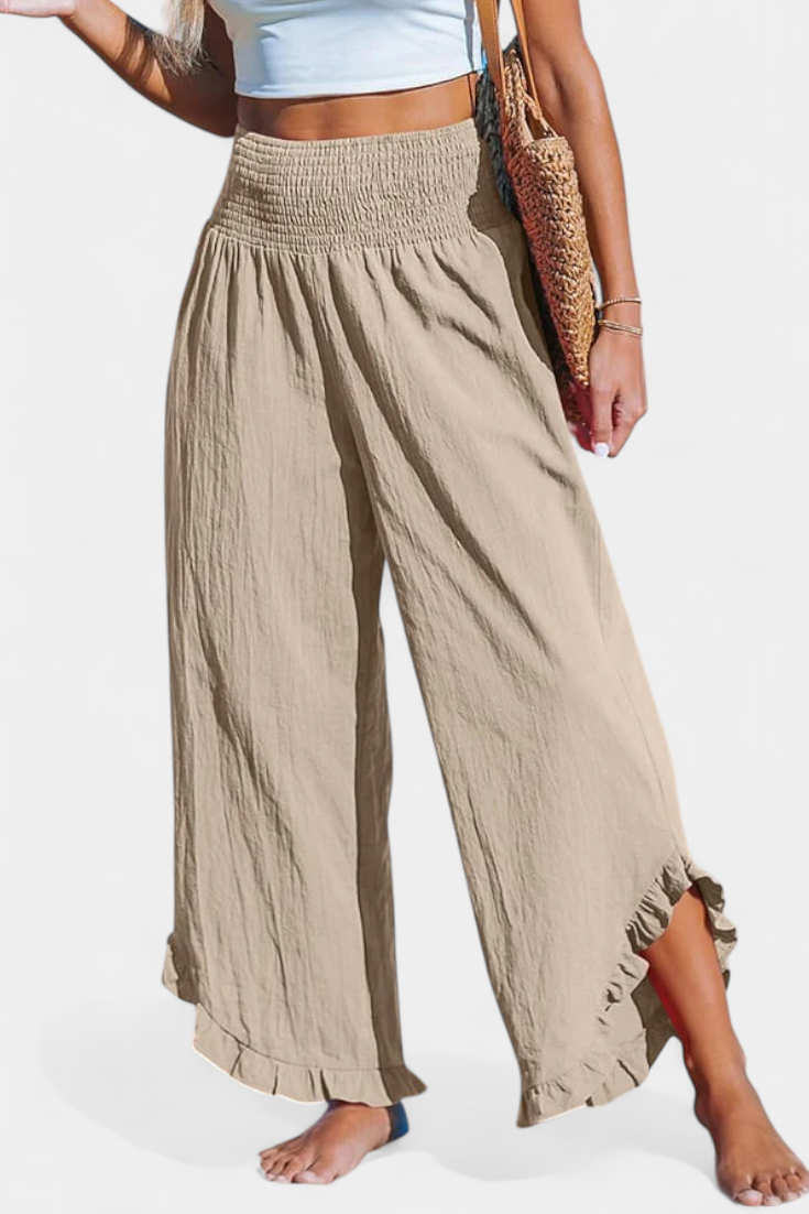 Calças Palazzo Justina com folhos e cintura alta