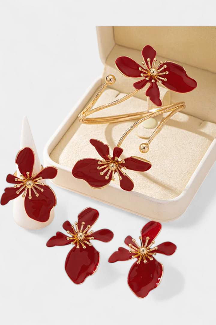 Conjunto de Acessórios Florais: Pulseira + Brincos + Anéis