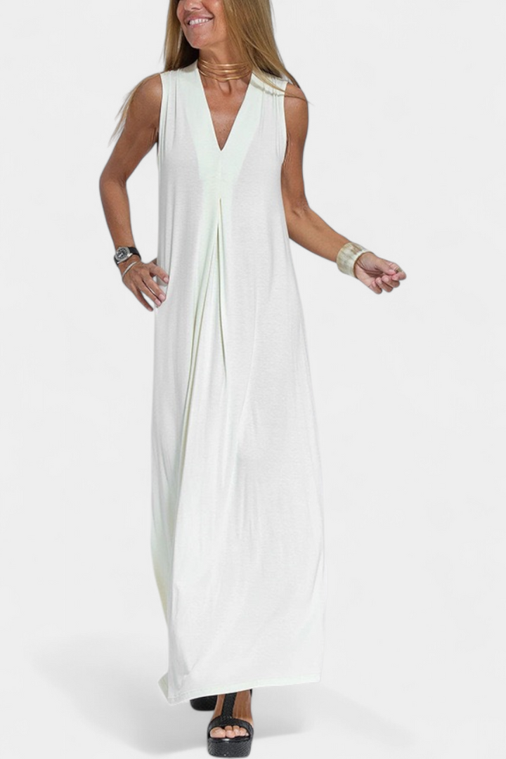 Vestido Maxi Felisa Sem Mangas em Cor Sólida e Silhueta Elegante