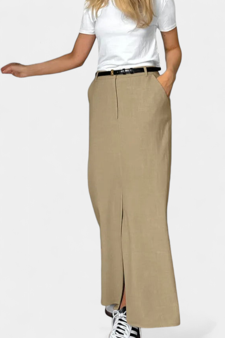 Saia Longa Amani com Cintura Alta e Fenda Frontal