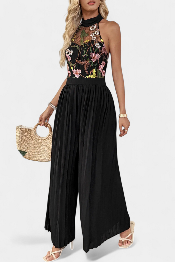 Maruja Mono Palazzo com Bordado Floral e Renda Transparente