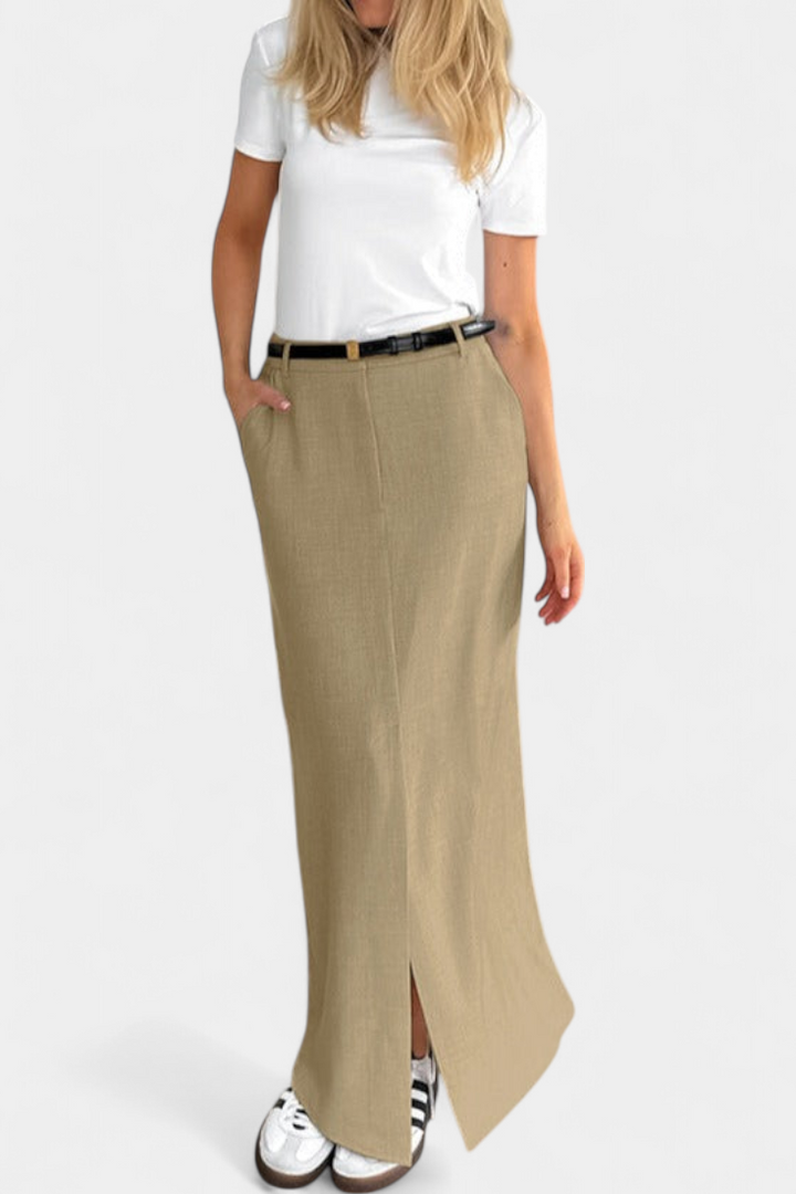 Saia Longa Amani com Cintura Alta e Fenda Frontal